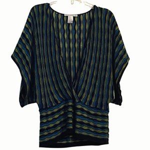 Y2K Artsy Striped Sweater Wrap Plunge Neckline Fitted Waist Kimono Sleev…
